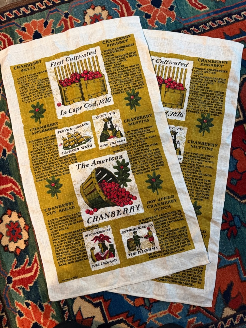 Vintage 1960's Set of 100% Linen Kay Dees~ The American Cranberry tea towels